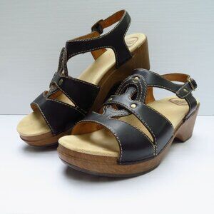 Dansko Sigrid Wedge Sandals Size 42 US 11-11.5 Black Leather Ankle Strap Wooden